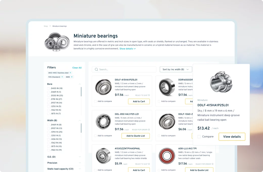 Screenshot of the shop with bearings
